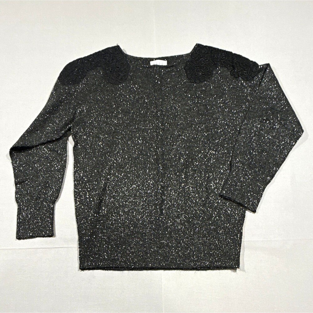 ELLE Womens Gray Knit Pullover Sweater Embroidered Shoulder Crew Neck L